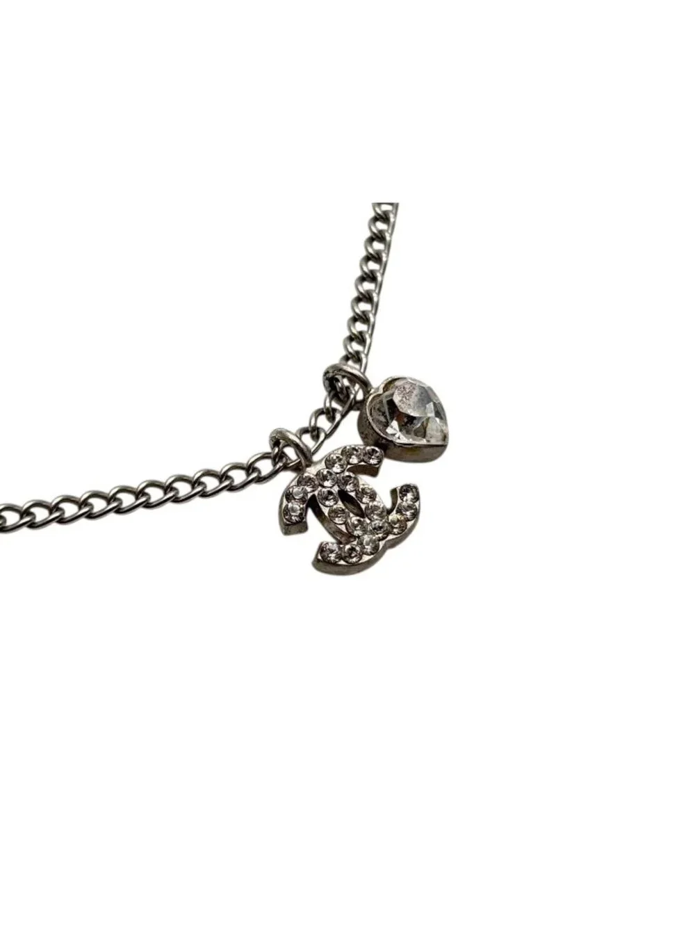 Chanel CC Logo Heart Necklace 04 42 Rhinestone Metal Clear Silver